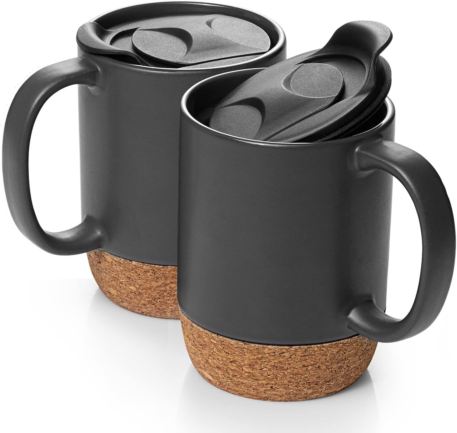 Matte Black Ceramic Coffee Mugs with Cork Bottom and Lid, Set of 2