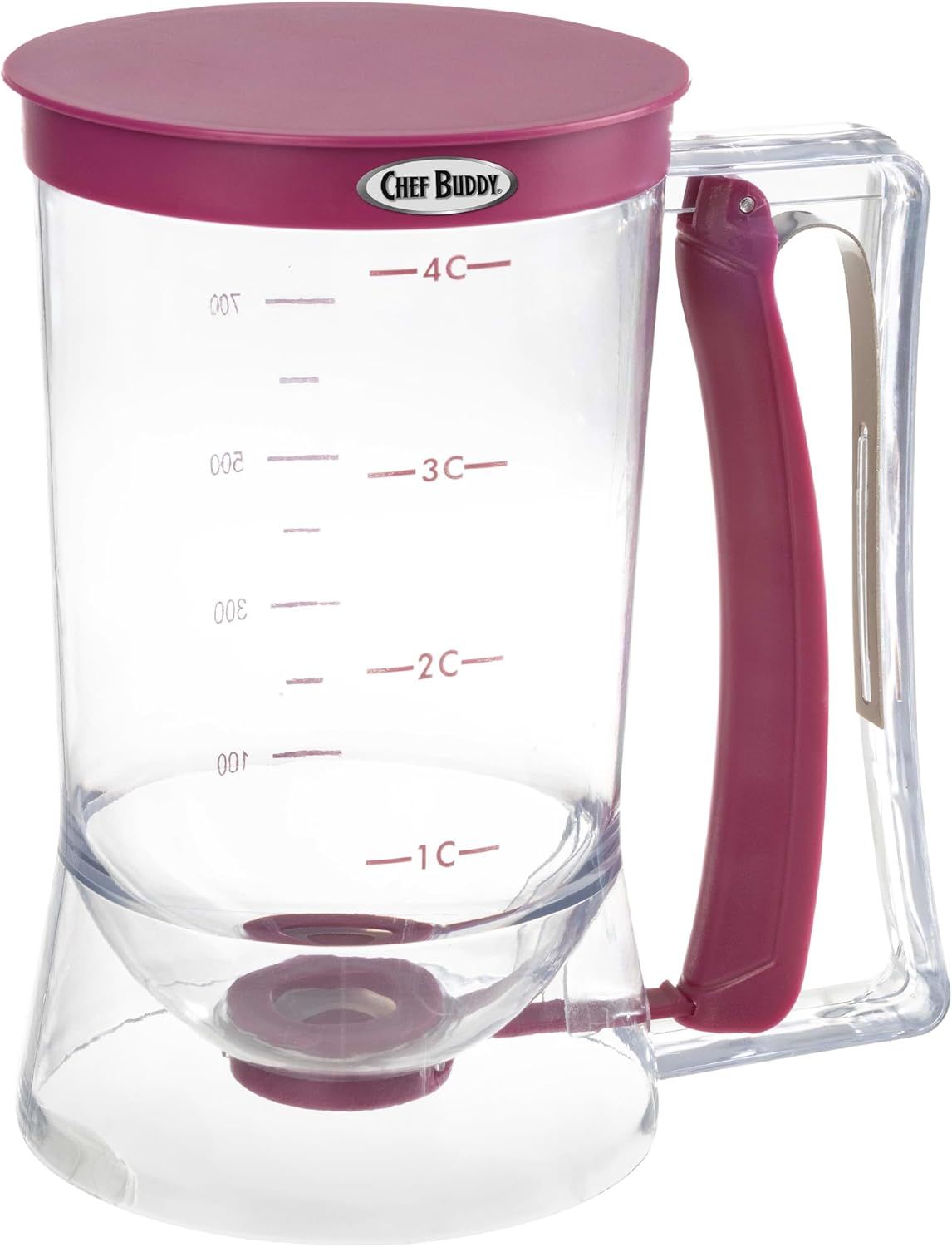 Purple 4-Cup Plastic Pancake Batter Dispenser with Squeeze Handle