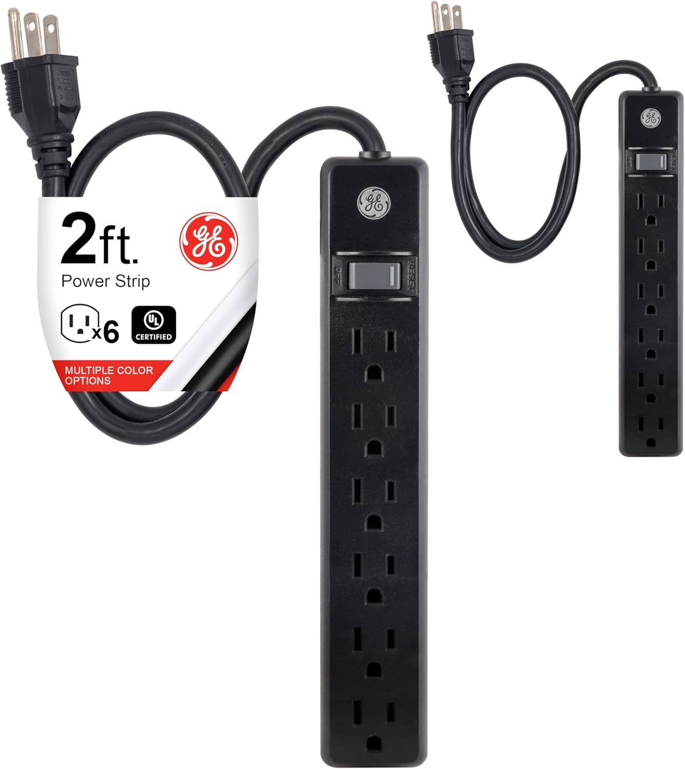 Black 6-Outlet Power Strip with 2-Foot Rubber Cord