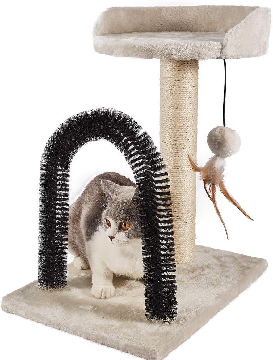 Beige Sisal Cat Scratching Post with Grooming Arch and Toys