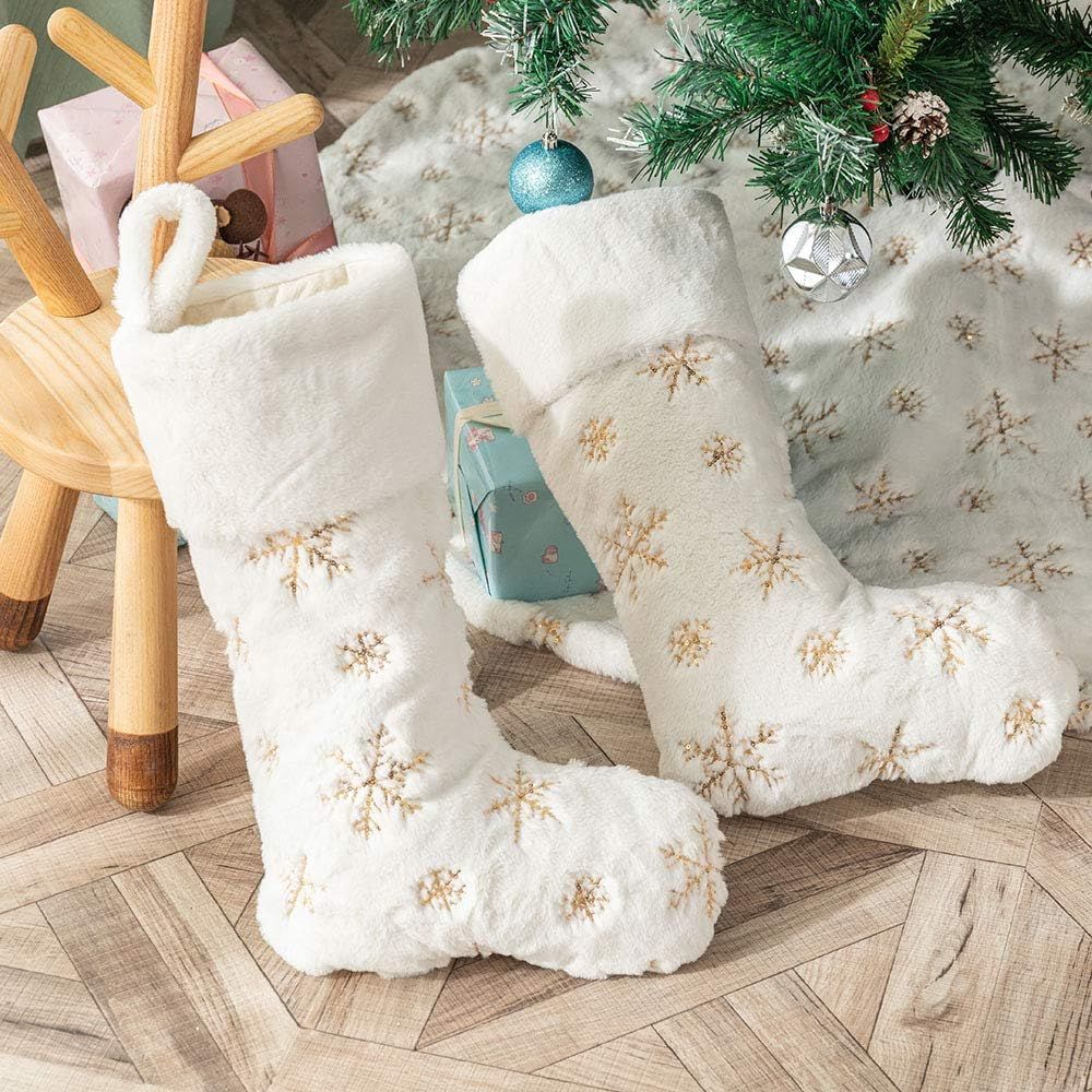 White Faux Fur Christmas Stockings with Gold Snowflakes, 22 Inches