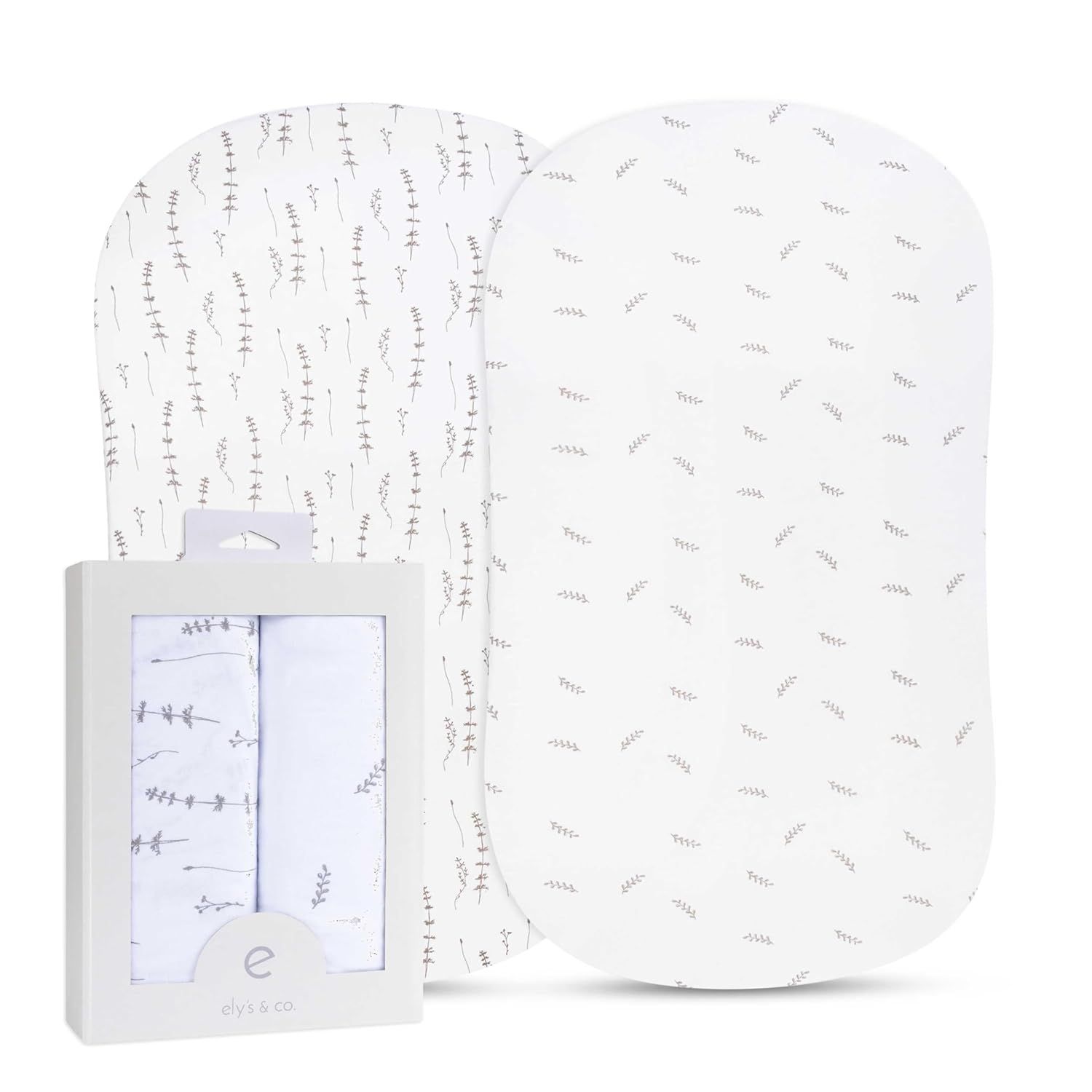 Ely’s & Co. Bassinet Sheets, Baby Boy/Girl Fitted Bassinet Mattress Sheet Set - 2 Pack, 100% Jersey Knit Cotton, fits Oval, Hourglass and Rectangle Mattress, Forest Grey Floral, 32”x16”x3”