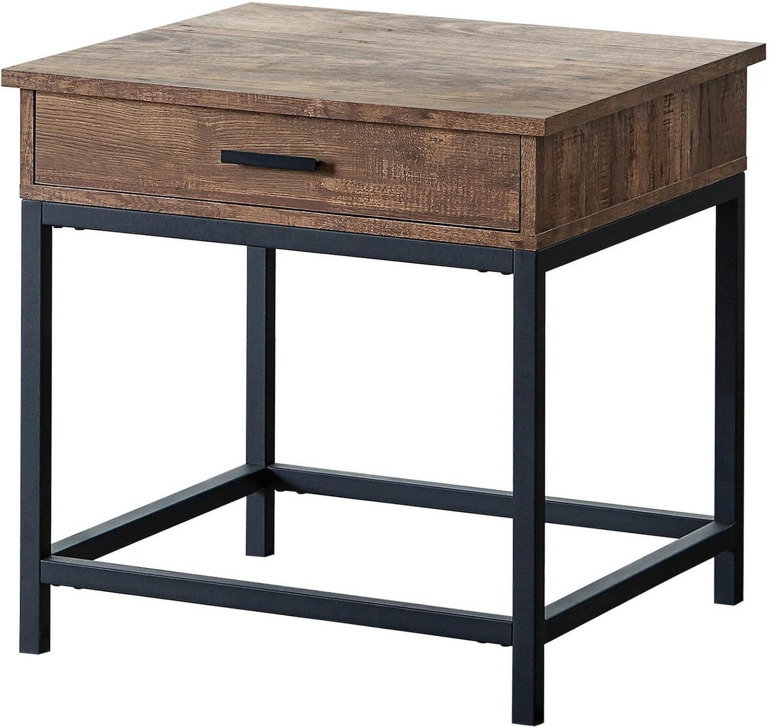 Rustic Brown and Black Wood Metal Side Table with Drawer