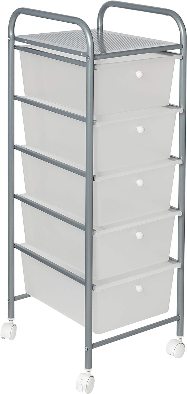 Silver and Clear 5-Drawer Rolling Storage Cart with Plastic Drawers