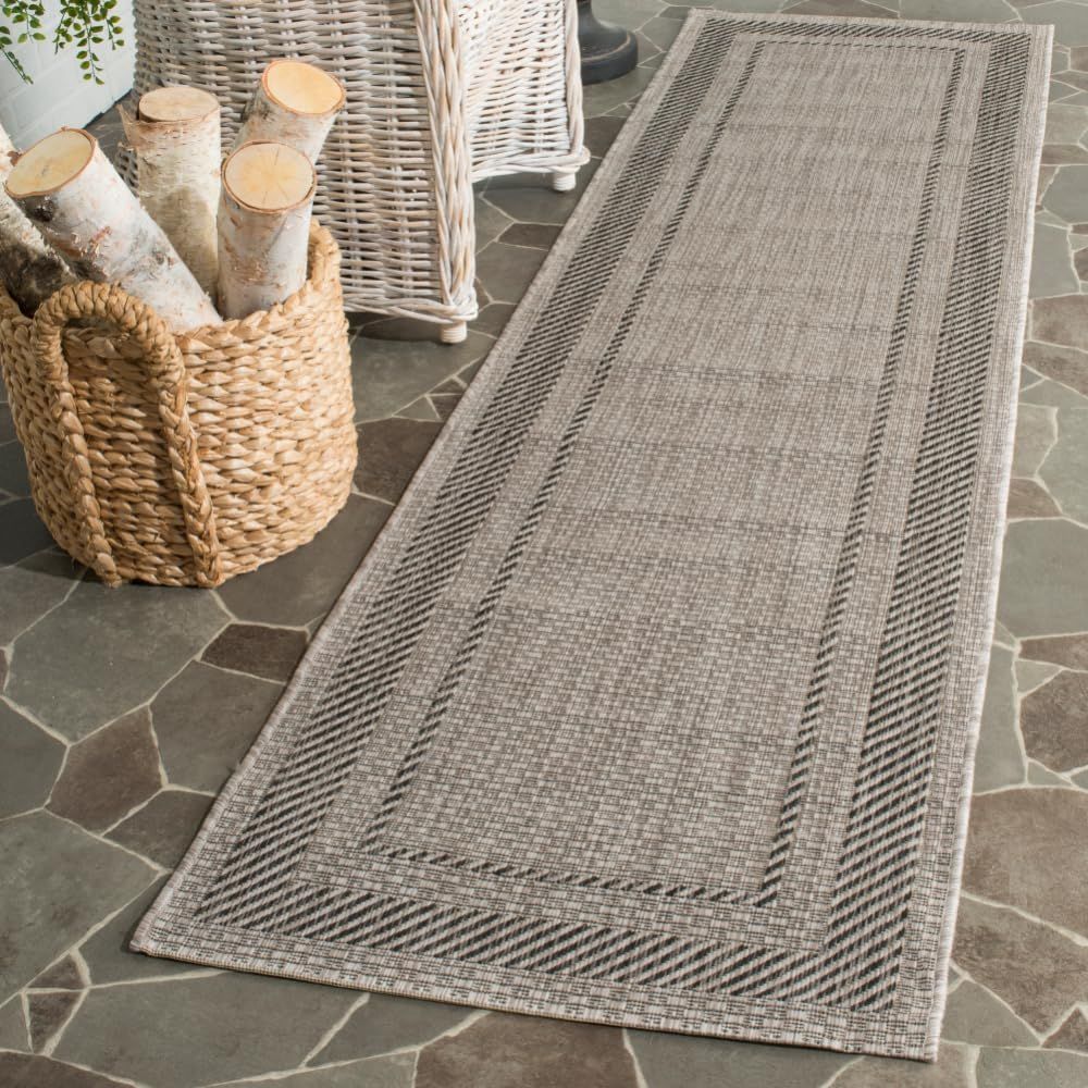 Beige and Black Synthetic 27'' Indoor/Outdoor Runner Rug