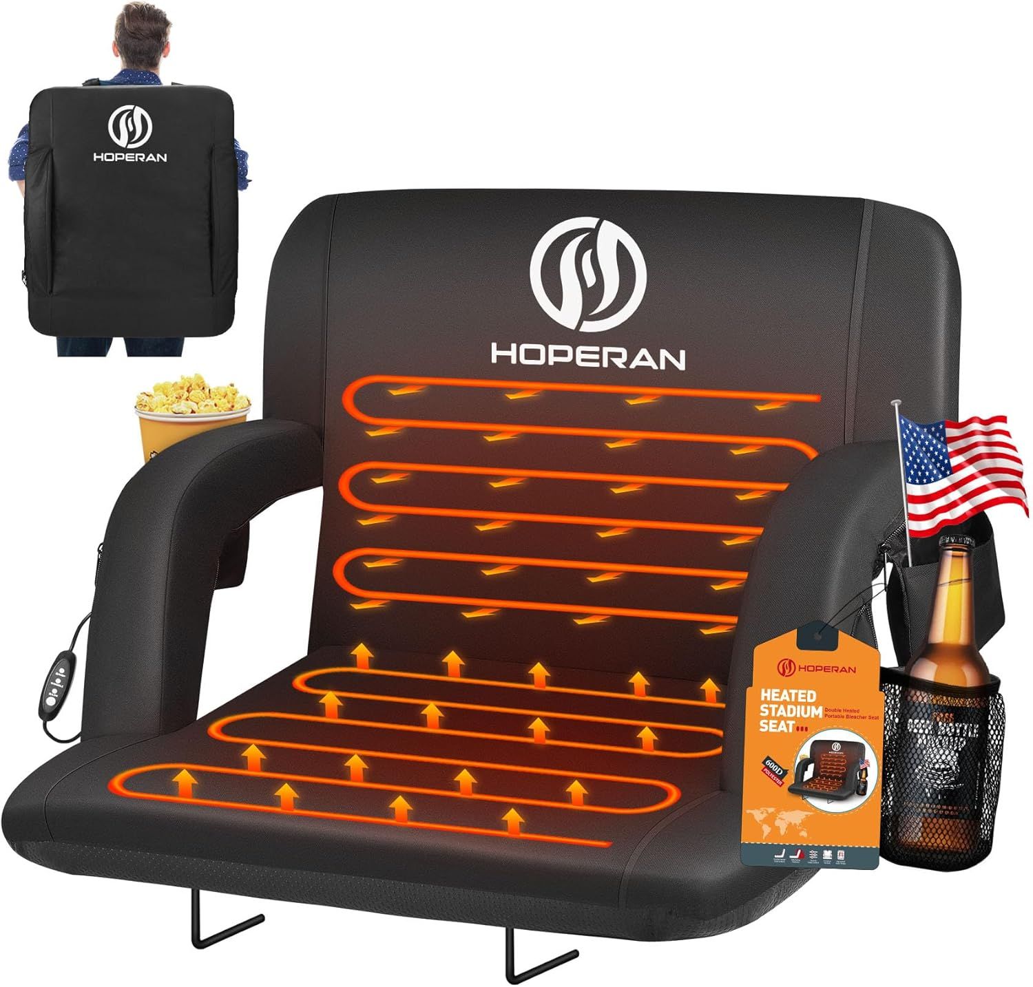 HOPERAN Black Heated Stadium Seat with Back Support and Pockets