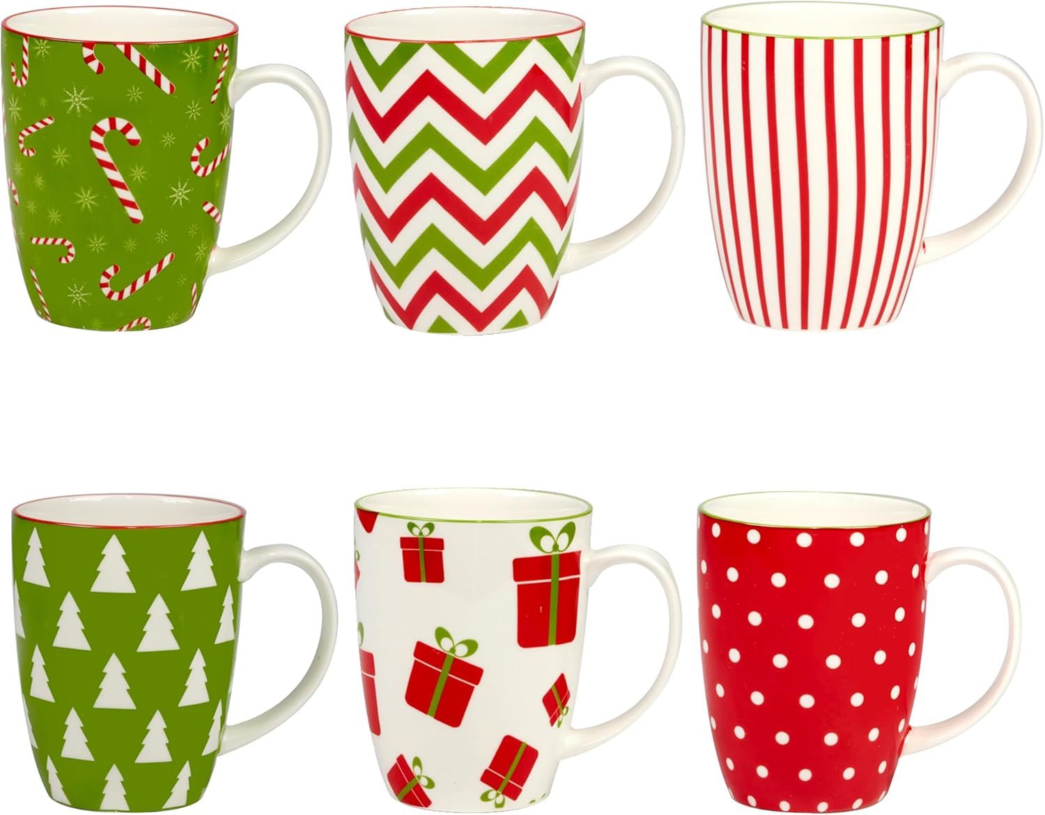 Holiday Red and Green Ceramic Christmas Mug Set, 14 oz, 6 Pieces