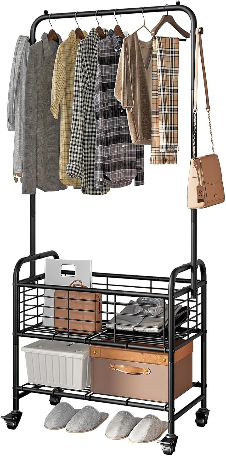 Black Metal Laundry Sorter with Wheels and Hanging Rack