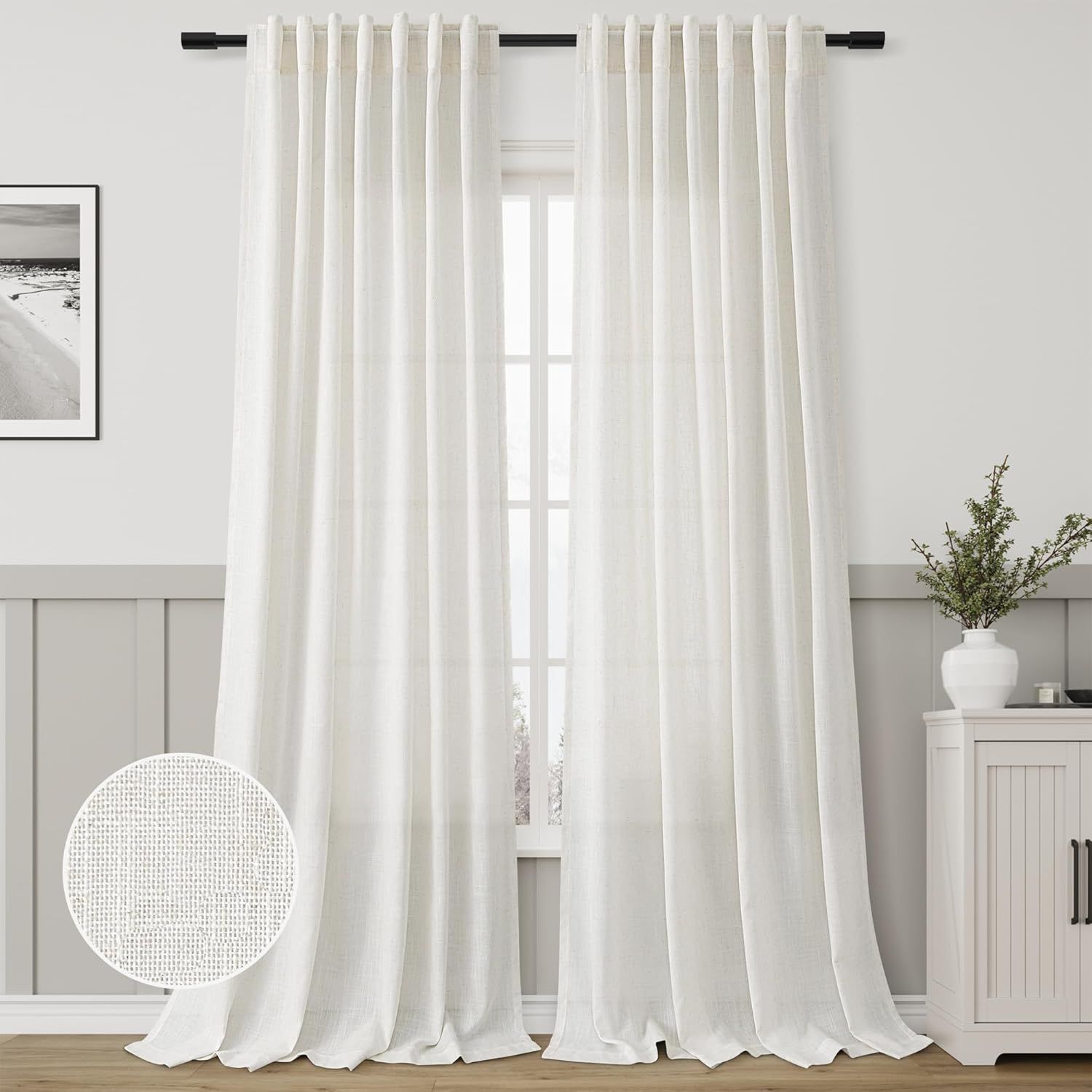 Ivory Linen Light-Filtering Back Tab Curtains 96 Inches Long