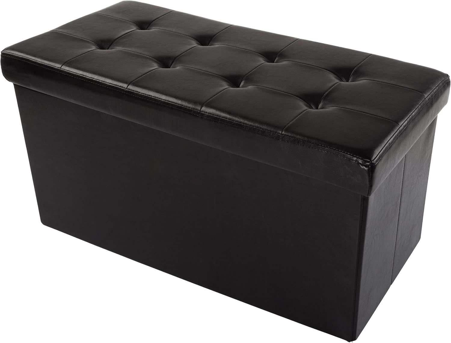 Chic Black Faux Leather 30" Folding Storage Ottoman with Removable Bin