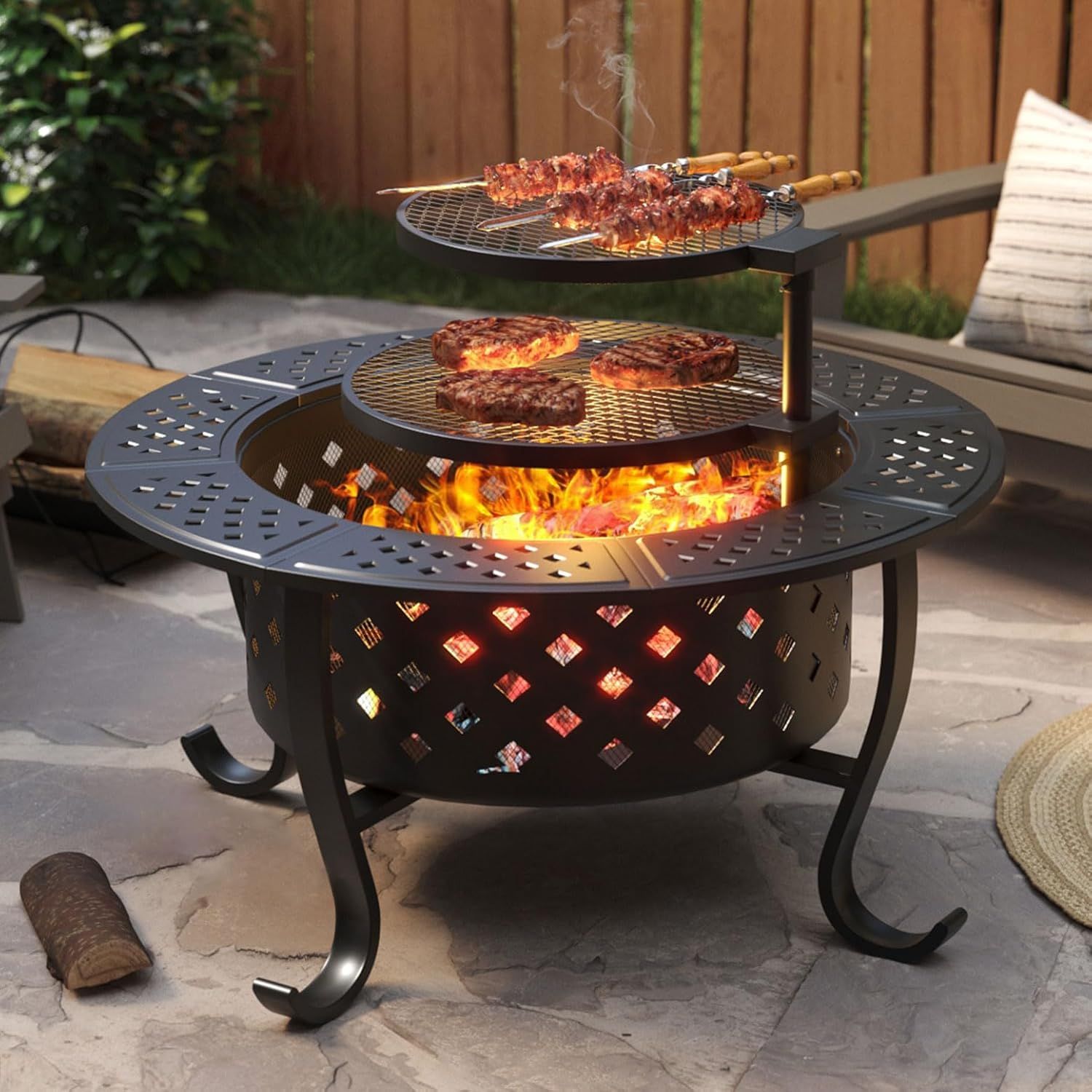 28" Black Round Wood Burning Fire Pit with Double Grill