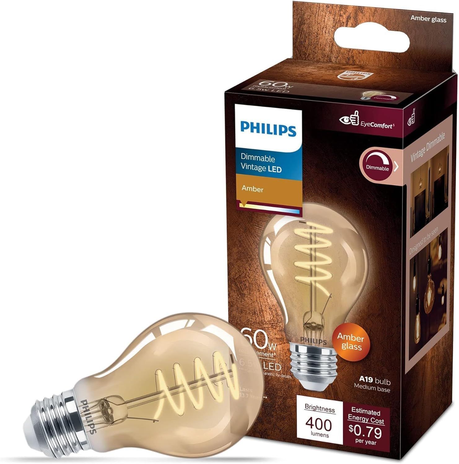 Amber Glass Dimmable Vintage LED A19 Light Bulb