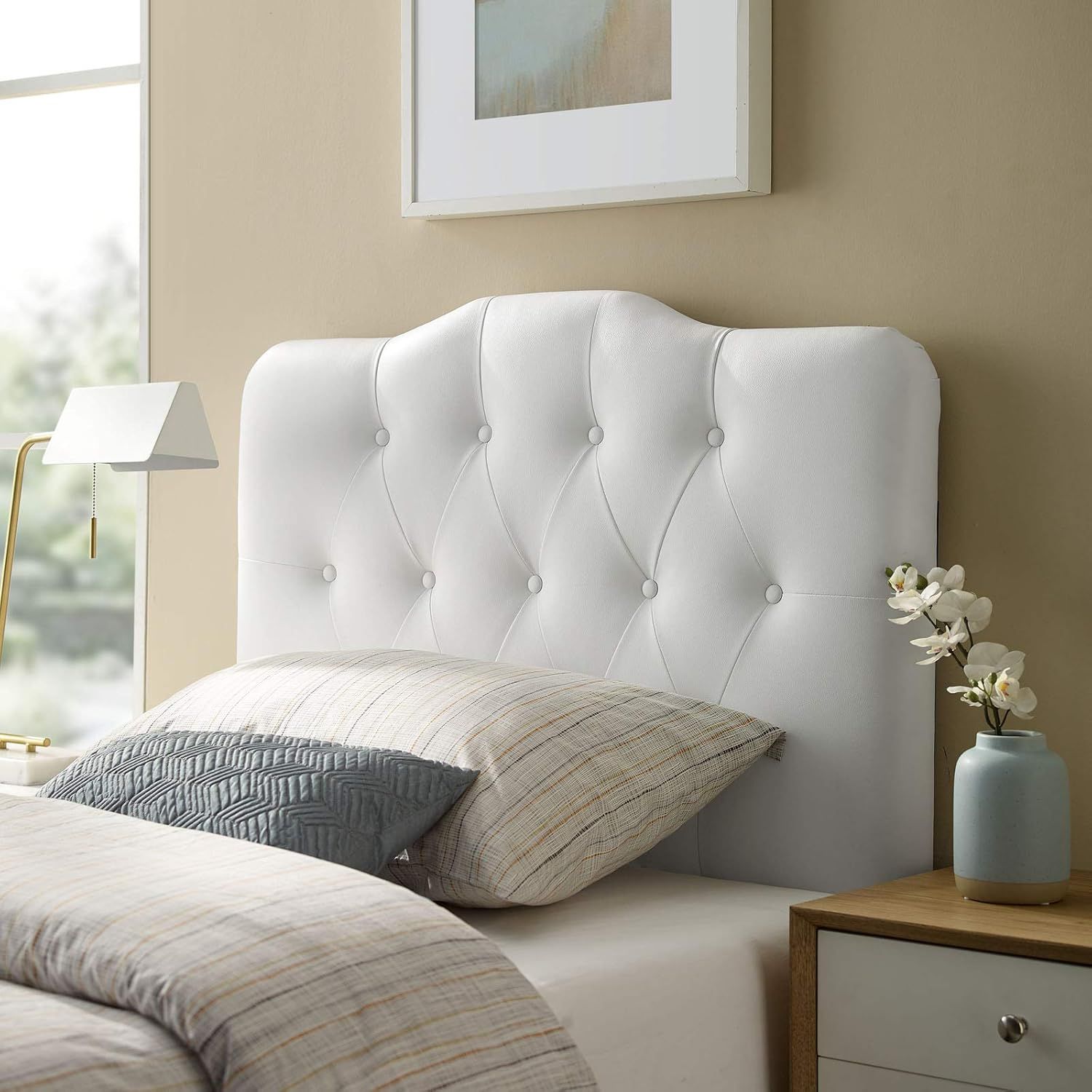 White Twin Tufted Faux Leather Upholstered Headboard