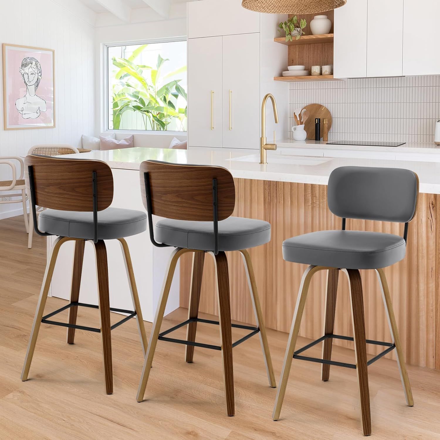 Grey Faux Leather Swivel Bar Stools with Wood Back