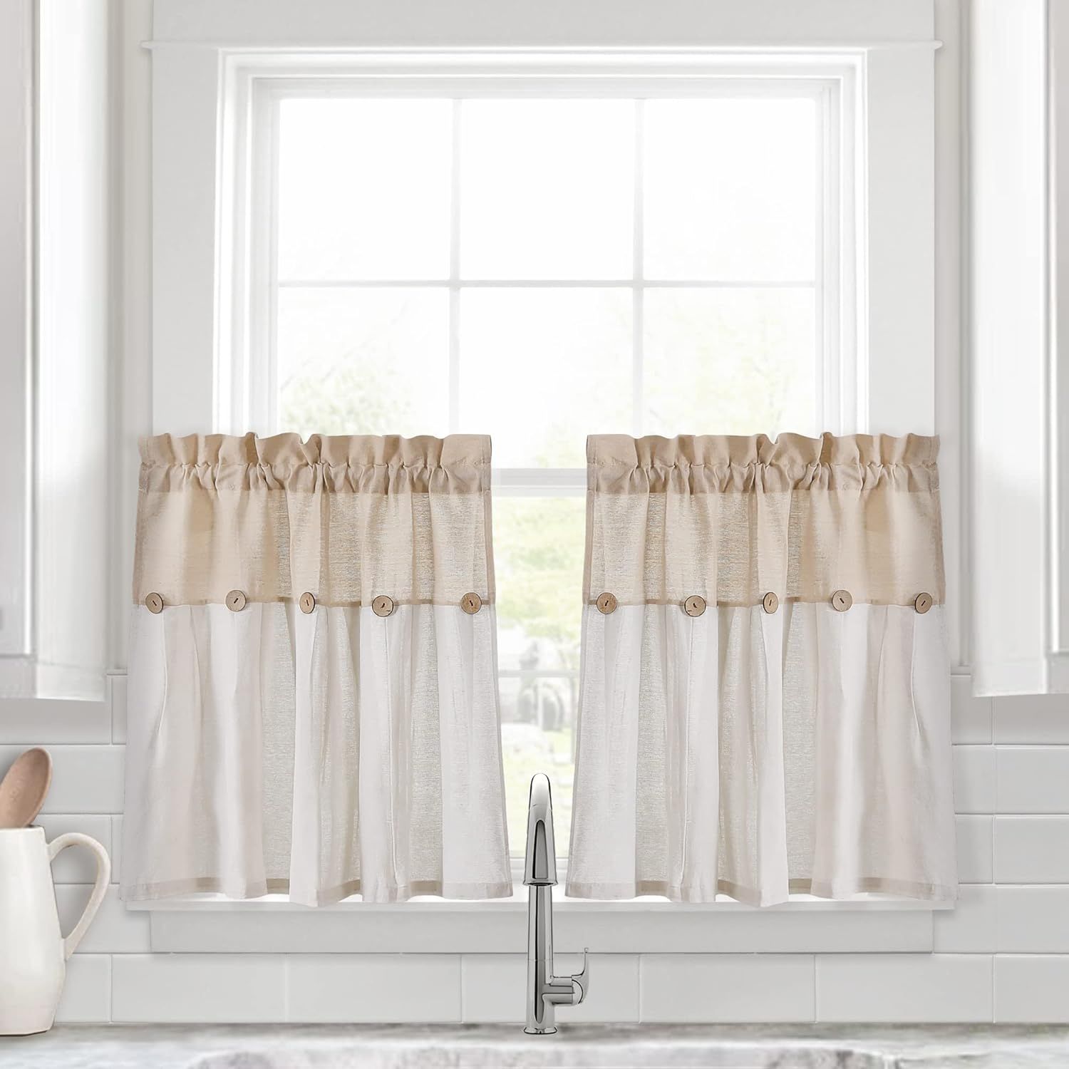 Linen Button Pleated Kitchen Tier Curtain Panels, 29"W x 24"L