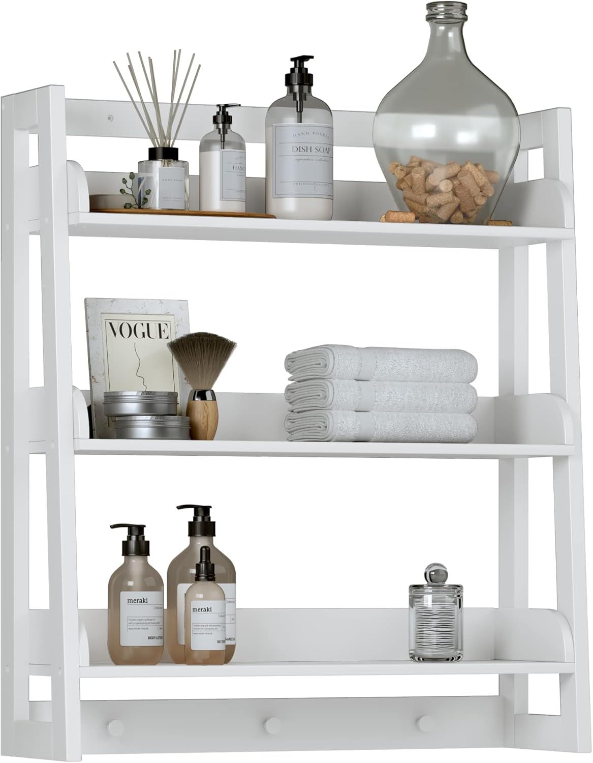 White Wooden 3-Tier Wall-Mounted Bathroom Shelf with Hooks