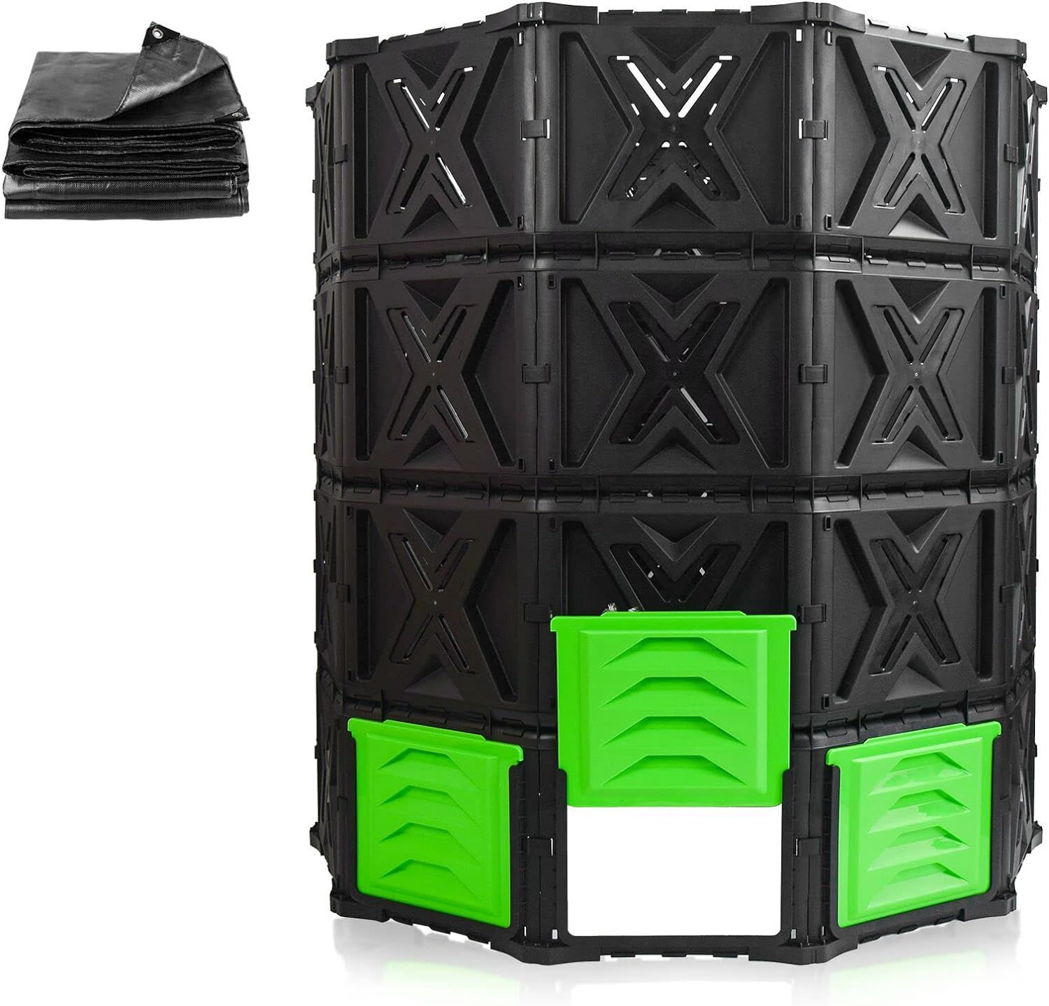 XXL Black and Green Outdoor Compost Bin with Rain Cover