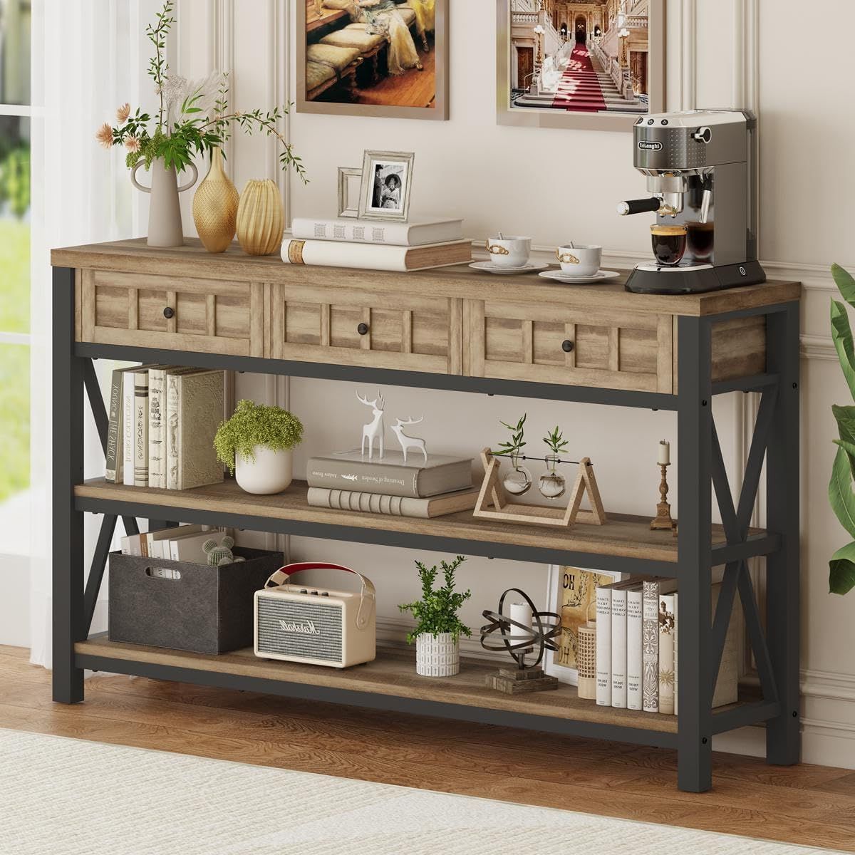 Industrial Rustic Oak Wood and Metal Console Table with Storage