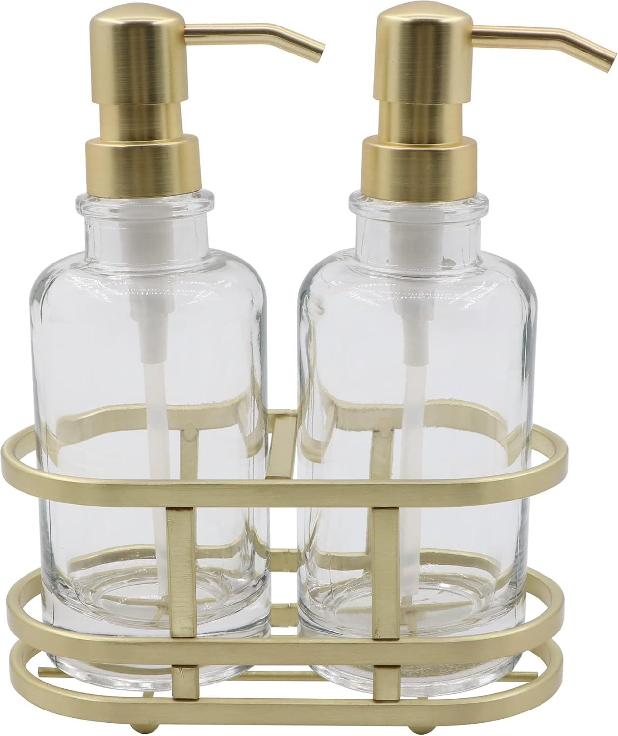 Brushed Gold Glass Soap and Lotion Dispenser Set with Metal Caddy