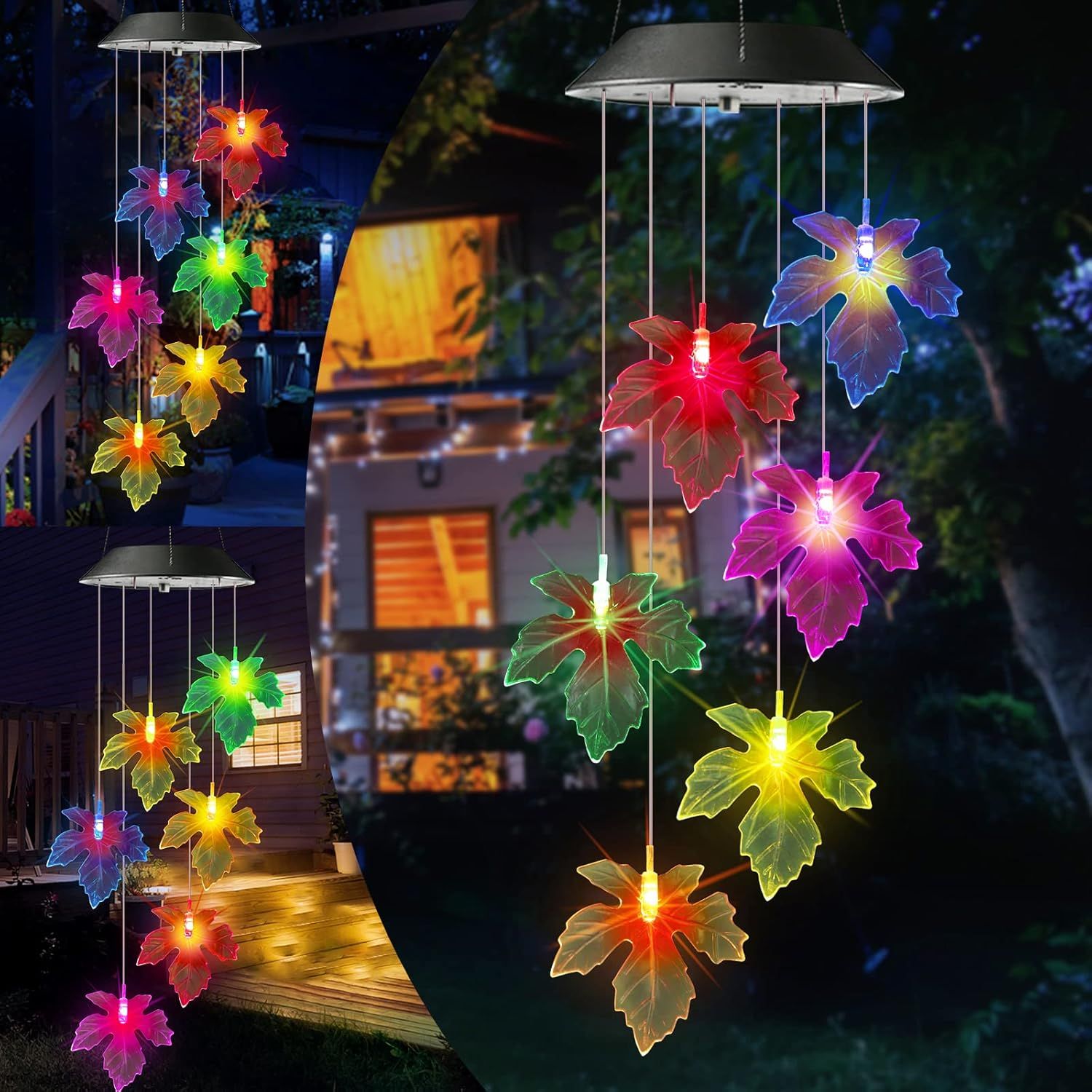 Colorful Solar Maple Leaf LED Wind Chimes for Outdoor Decor