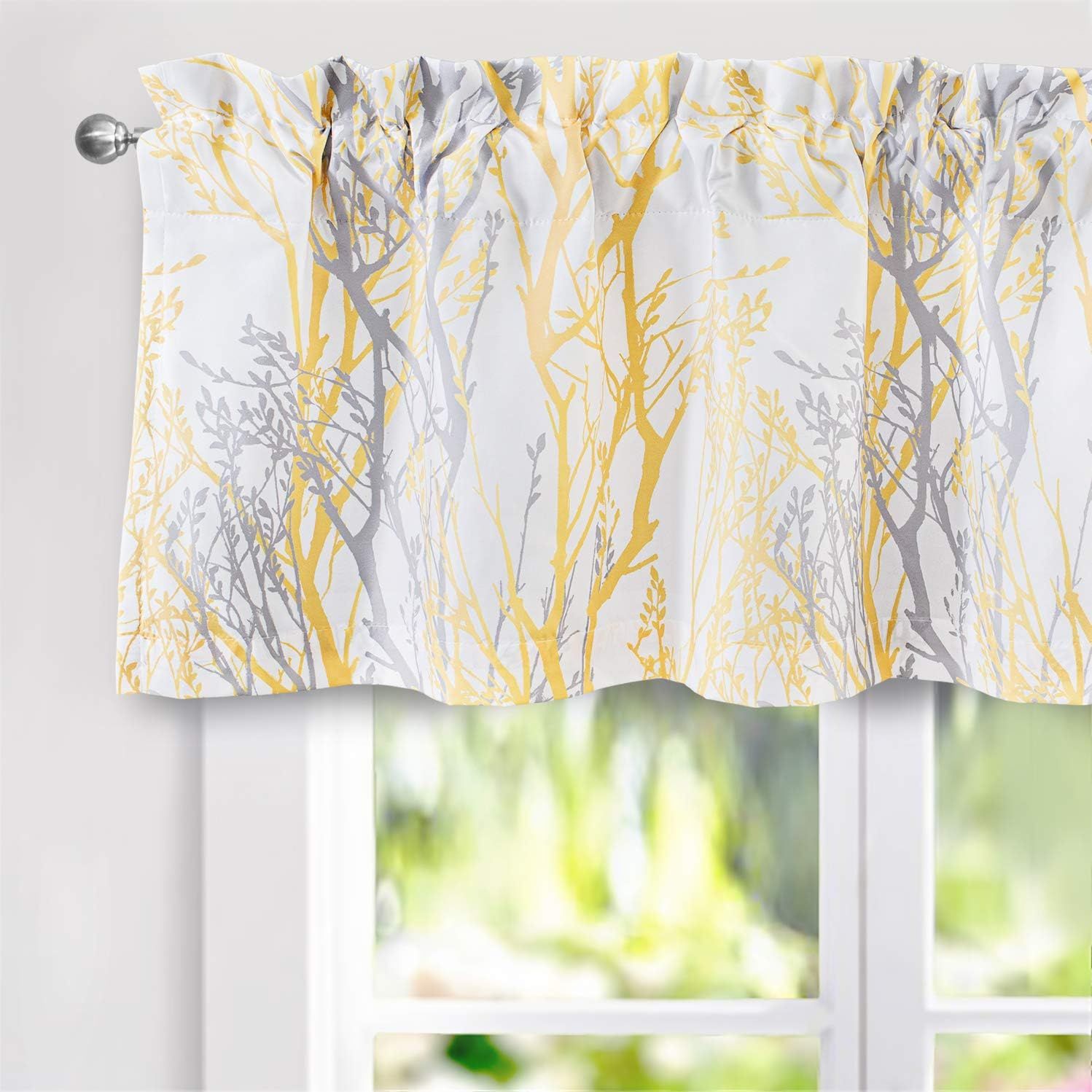 Yellow and Gray Tree Branch Thermal Insulated Rod Pocket Valance