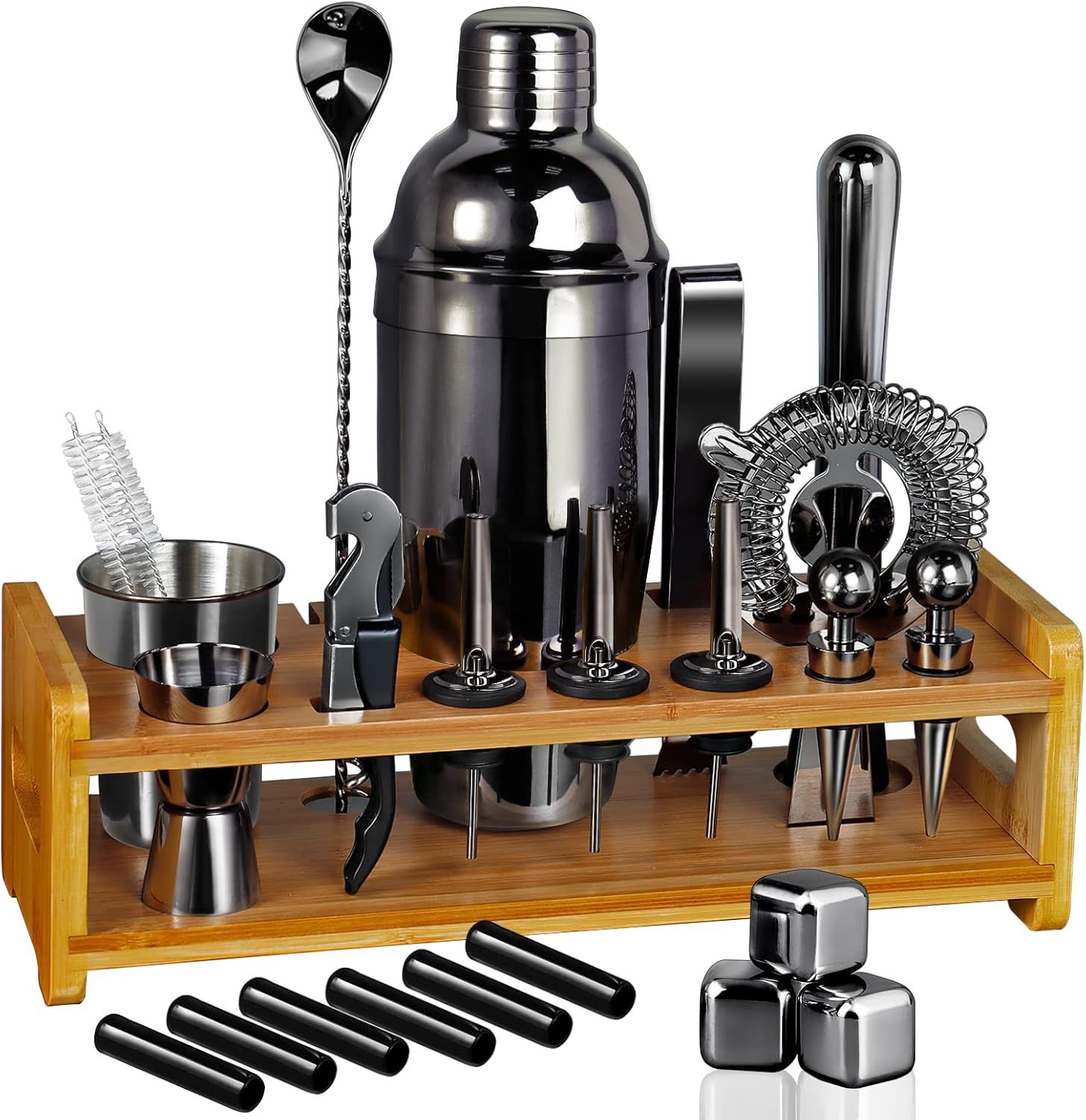 26-Piece Black Stainless Steel Bartender Kit with Bamboo Stand