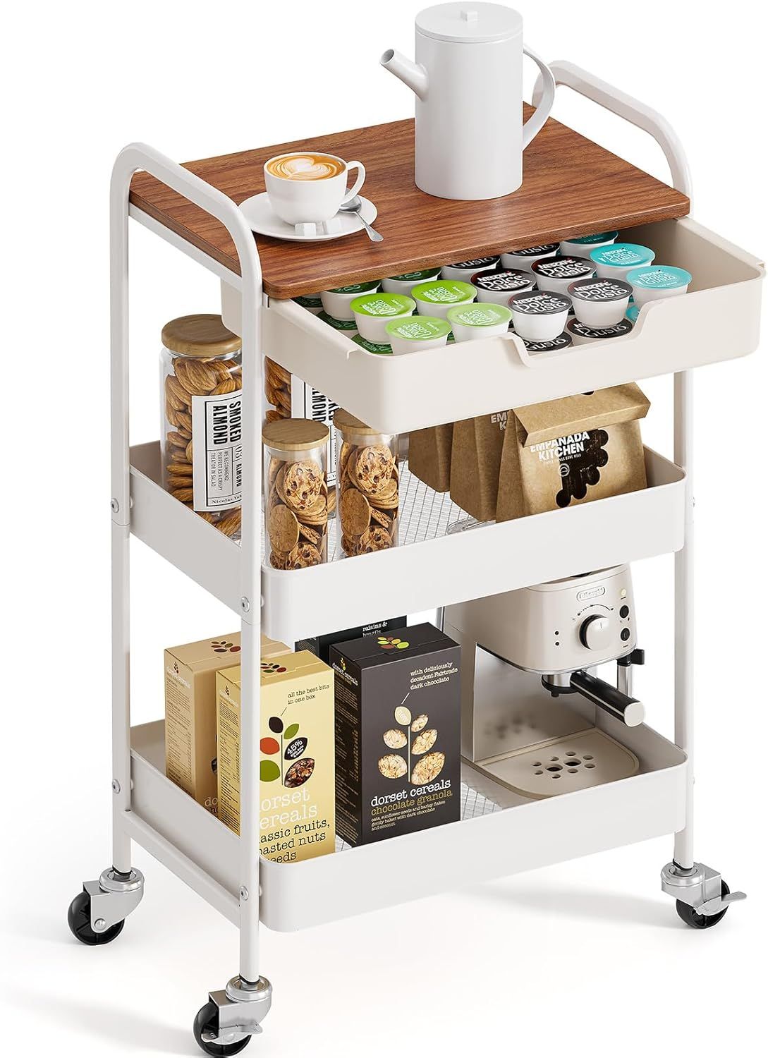 White 3-Tier Metal Utility Rolling Cart with Wooden Top