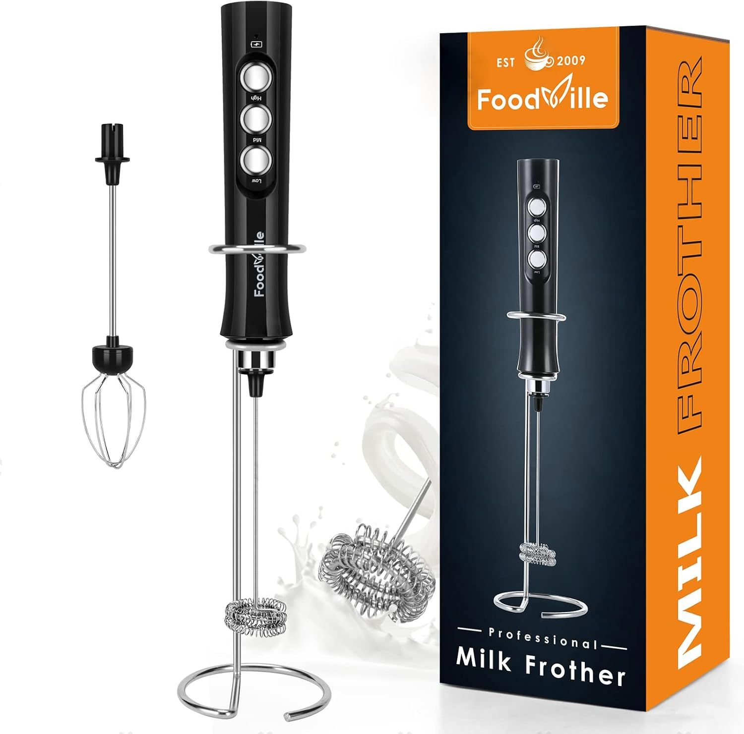 Rechargeable Black Handheld Milk Frother with Stainless Steel Whisk