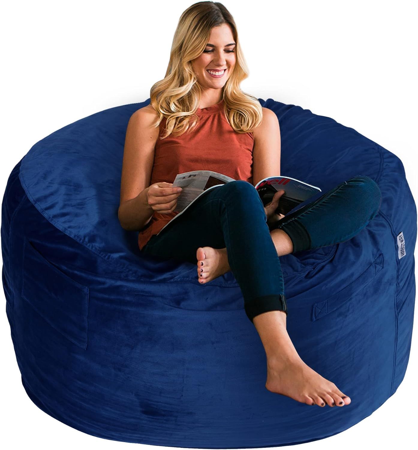 Luxurious Blue Velvet Round Bean Bag Chair with Memory Foam