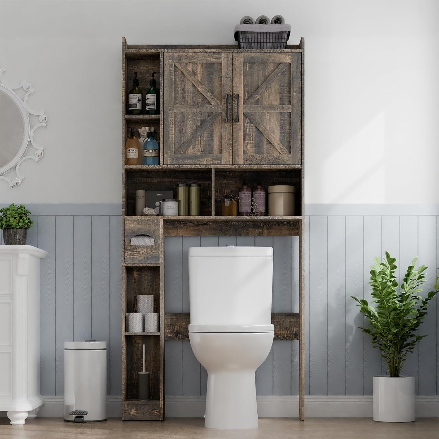 Dark Gray Farmhouse Over-The-Toilet Storage Cabinet with Barn Doors