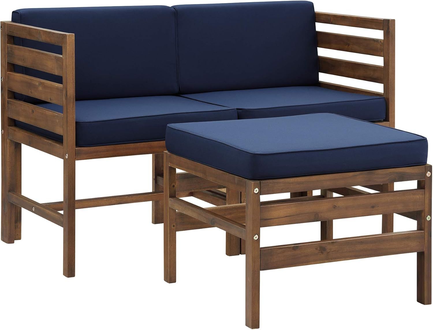 Sanibel Acacia Wood Outdoor Arm Chairs and Ottoman Set - Dark Brown/Navy