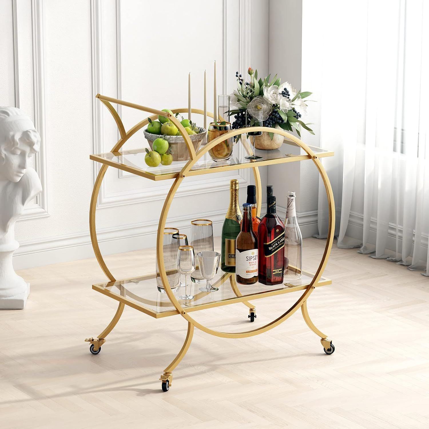 Gold Round Metal and Glass 2-Tier Bar Cart