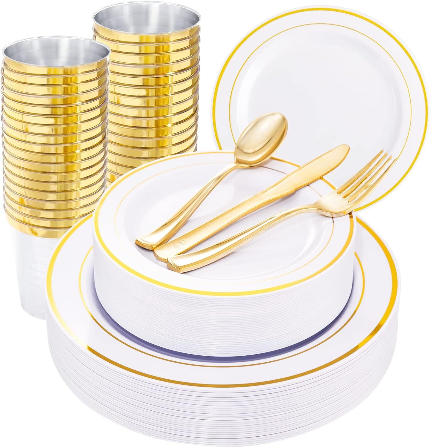 Elegant Gold and White Plastic Dinnerware Set for 25 Guests