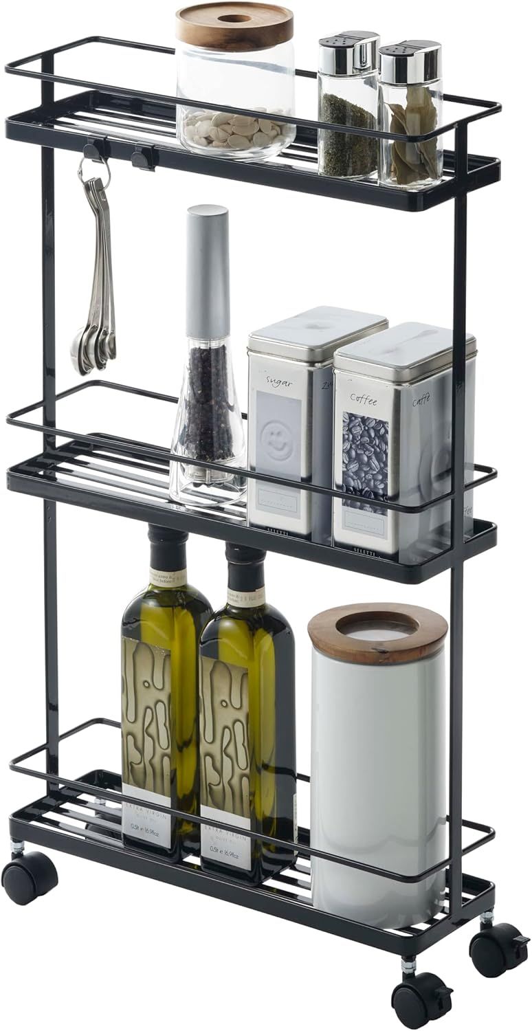 Black Steel Rolling Kitchen Storage Cart with 3 Shelves