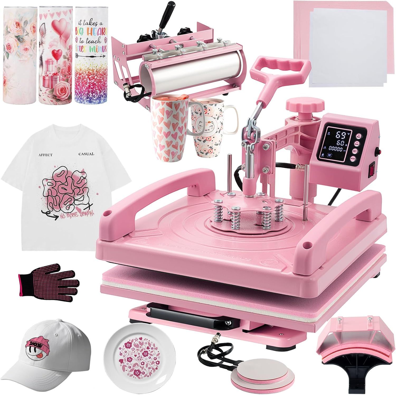 Pink 15x15 Inch 5-in-1 Heat Press Machine with Tumbler Attachments