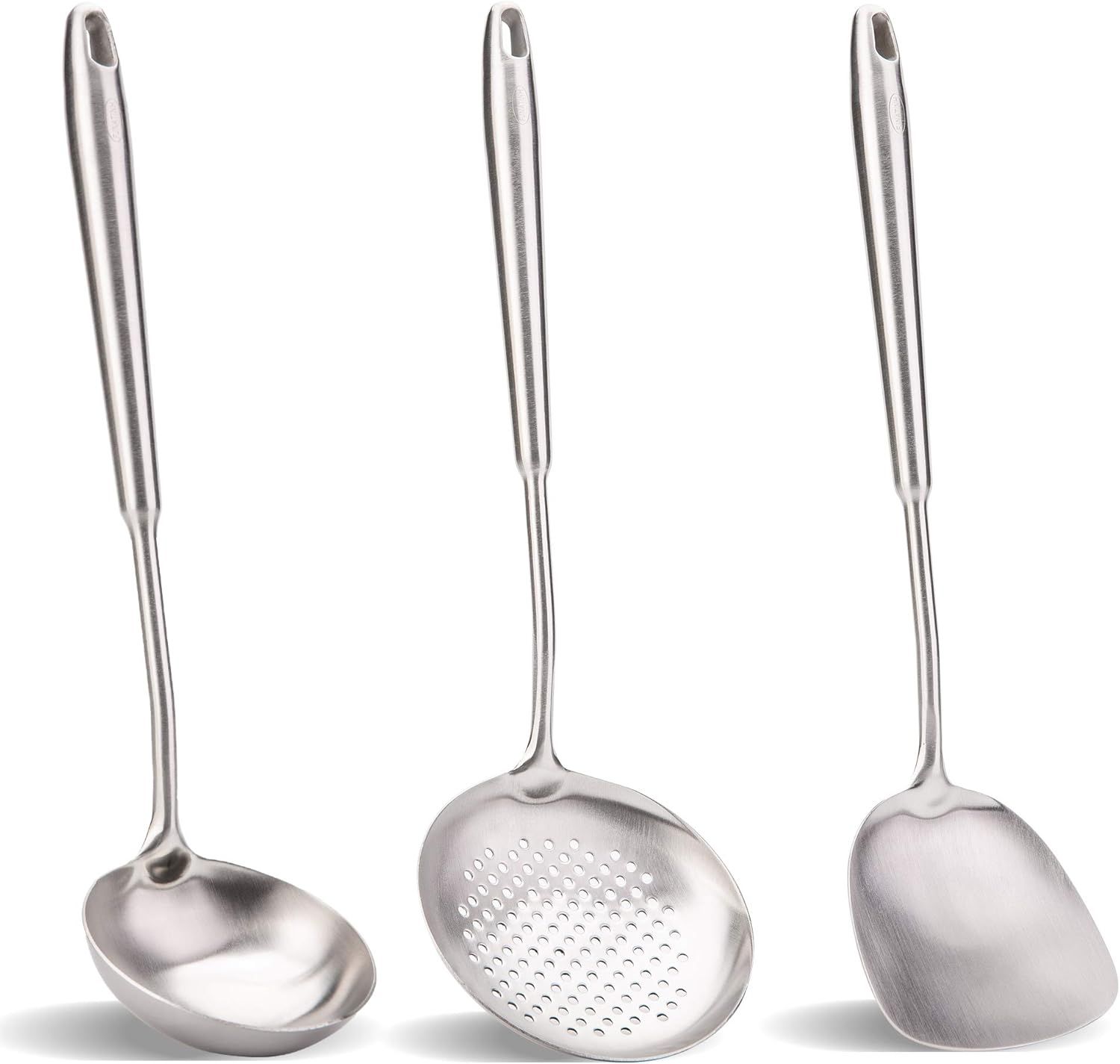 Stainless Steel Wok Spatula, Ladle, and Skimmer Set