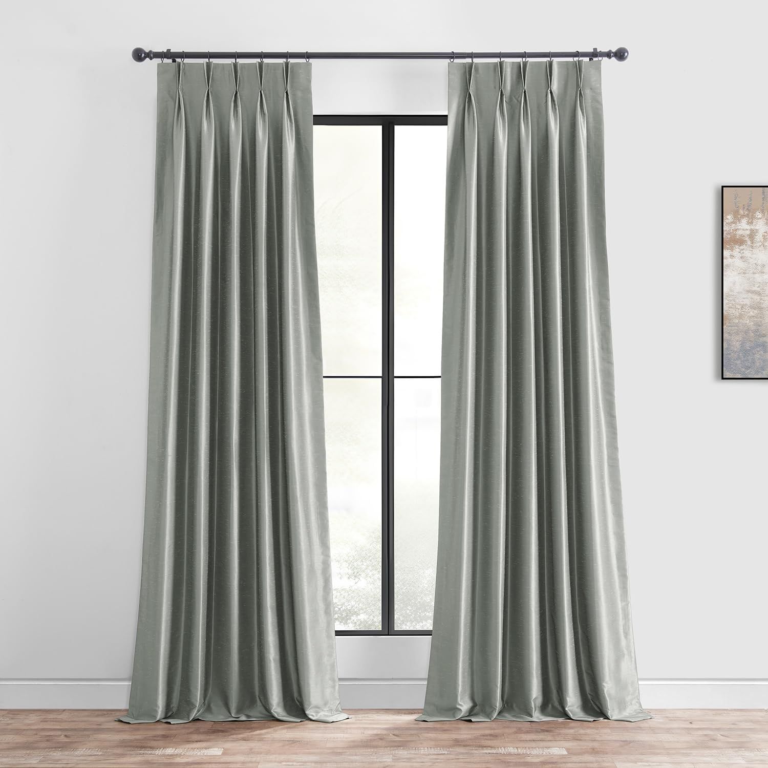 Silver Faux Silk Blackout Pleated Puddle Length Drapes