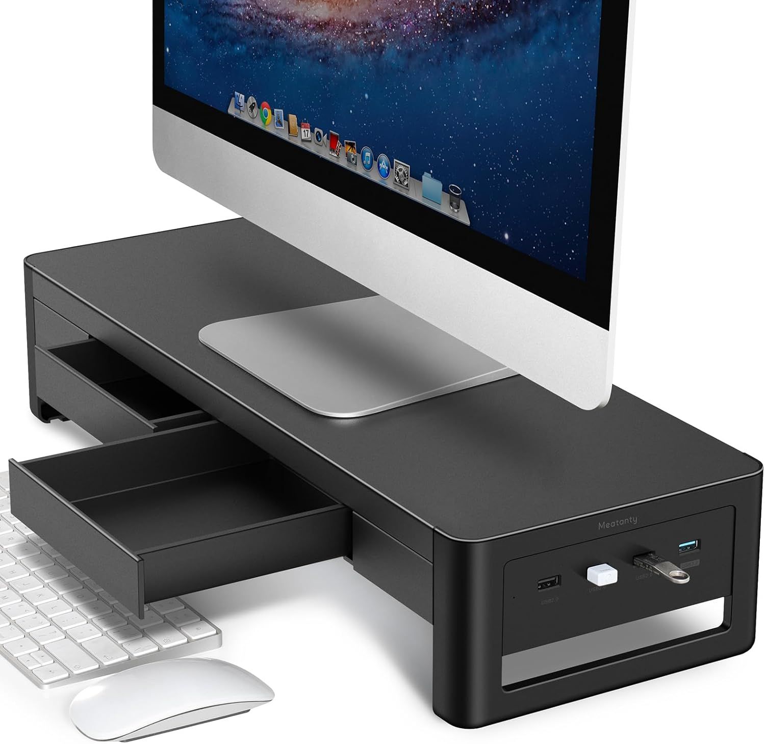 Black Metal Monitor Stand Riser with Storage Drawers and USB Ports