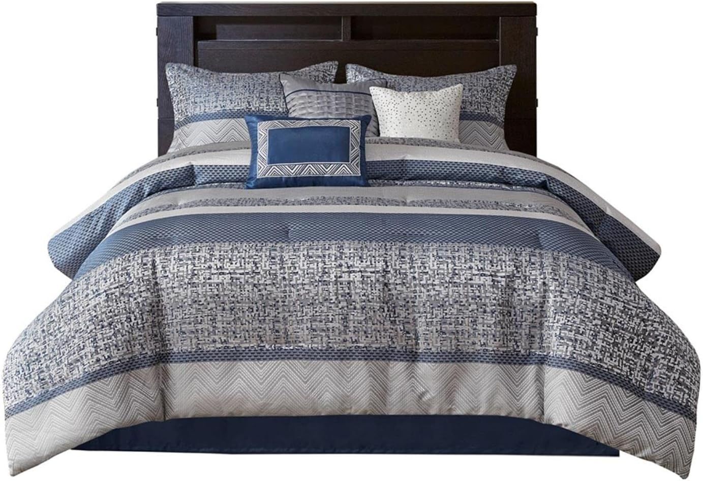 Navy and Gray Jacquard King Comforter Set with Decorative Pillows