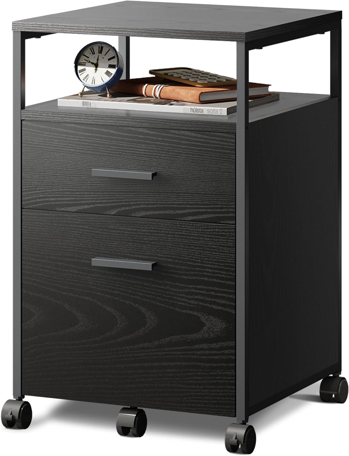 Black Wood 2-Drawer Mobile File Cabinet with Open Shelf