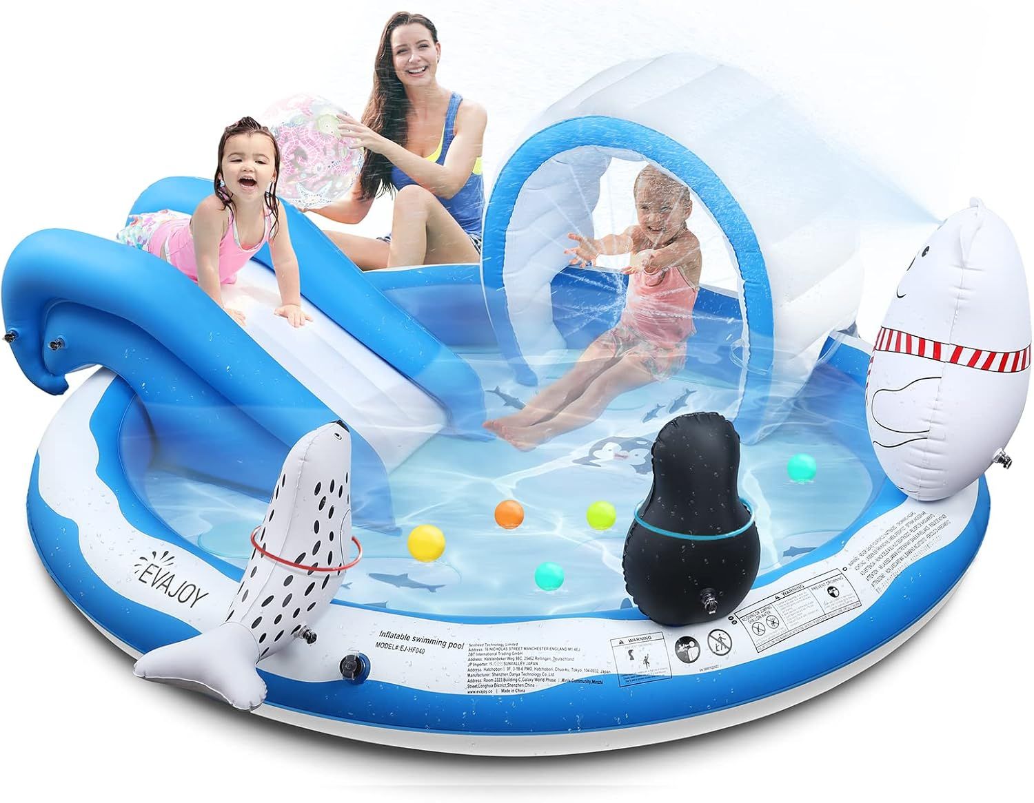 Blue Inflatable Kiddie Pool with Slide and Sprinkler