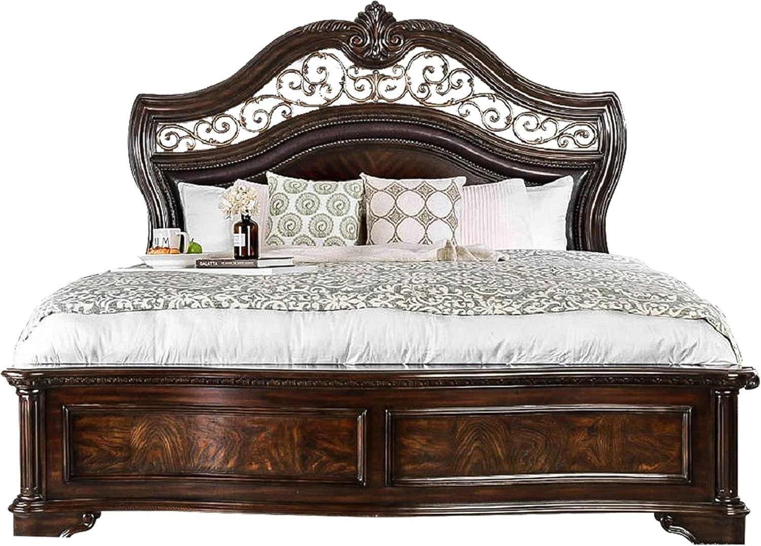 Brown Cherry King Panel Bed with Ornate Headboard