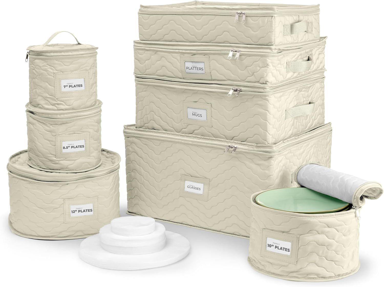 Beige Quilted 8-Piece Dinnerware Storage Set with Felt Protectors