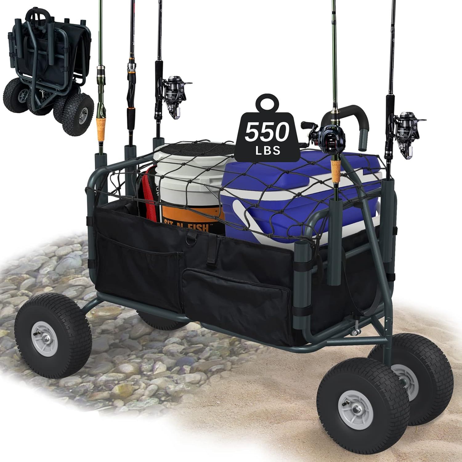 Heavy-Duty Foldable Fishing Cart with Pneumatic Wheels and Rod Holders