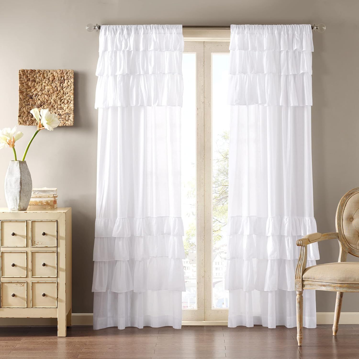 White Cotton Ruffled Rod Pocket Light-Filtering Curtain Panel