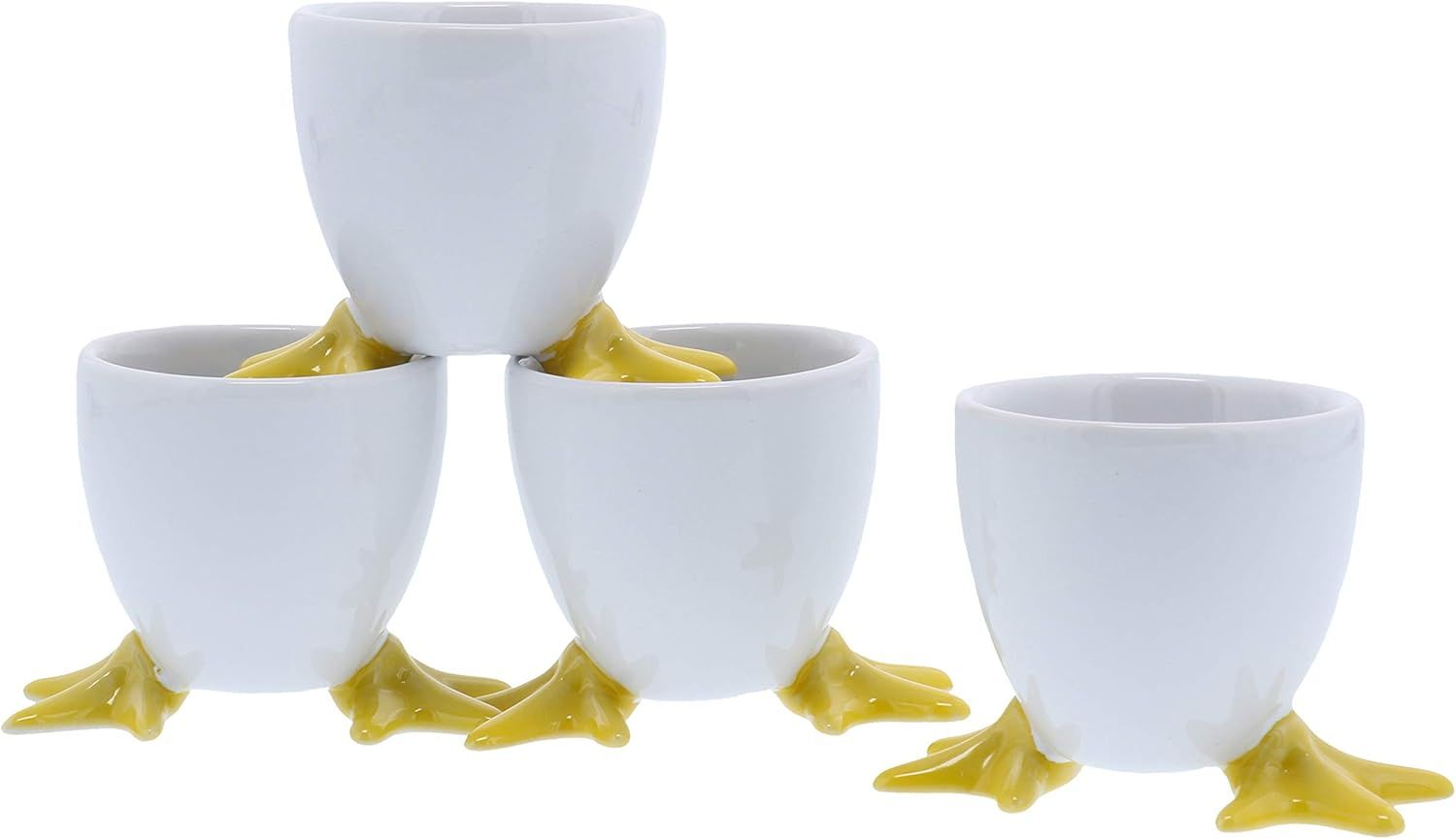 White and Yellow Stoneware Chicken Footed Egg Cups, Set of 4