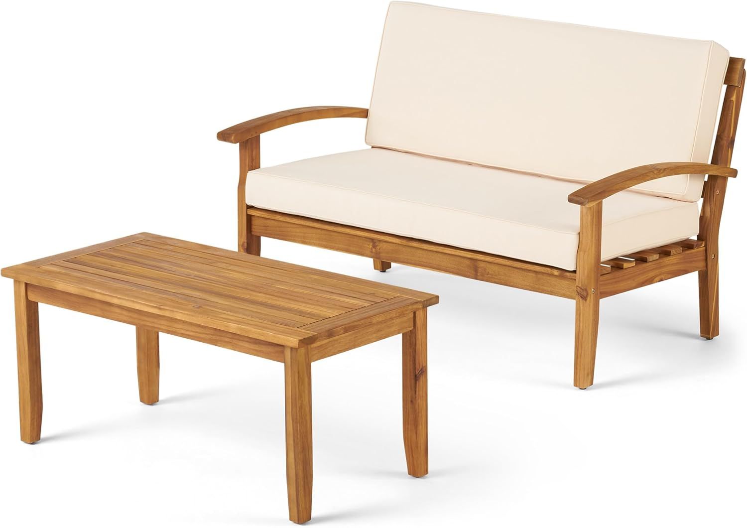 Teak Finish Acacia Wood Outdoor Loveseat and Coffee Table Set with Beige Cushions