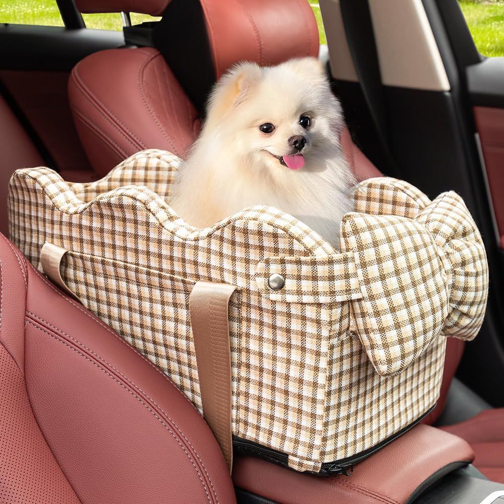 Beige Plaid Small Dog Car Booster Seat