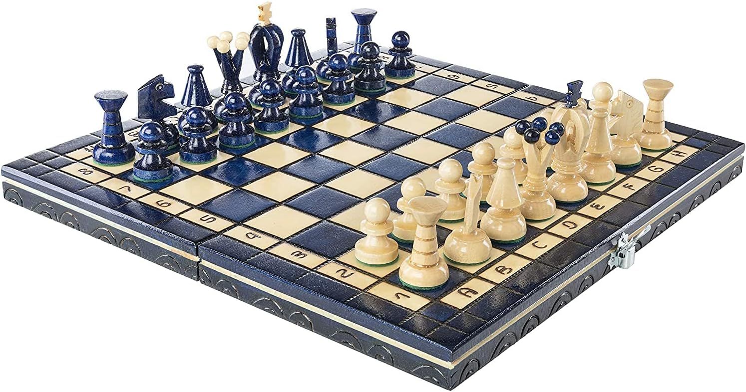 Handcrafted Blue and Beige Wooden Folding Chess Set