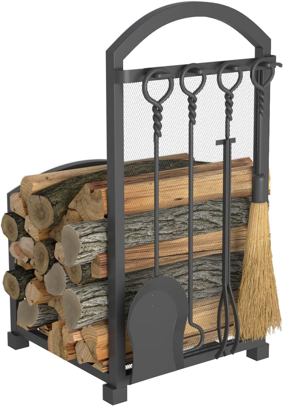 Black Wrought Iron Fireplace Log Holder with Tools